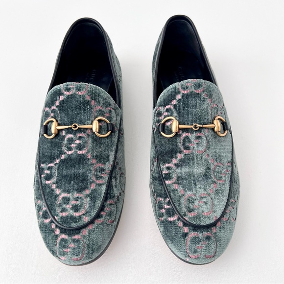 GUCCI | Jordaan Horsebit Velvet Monogram Loafers Flats Green Pink GG Logo US 9 - Picture 2 of 11